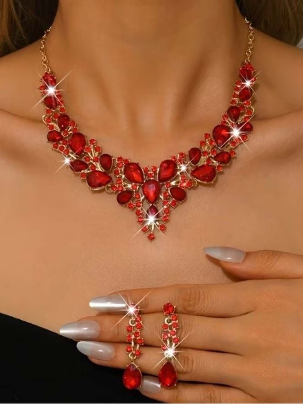 Gold-Tone Red Crystal Statement Necklace with Matching Earrings - Picture 3 of 4